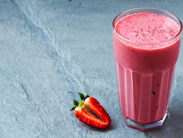 Strawberry banana non dairy smoothie in a tall glass on a light blue slate stone or concrete backgr