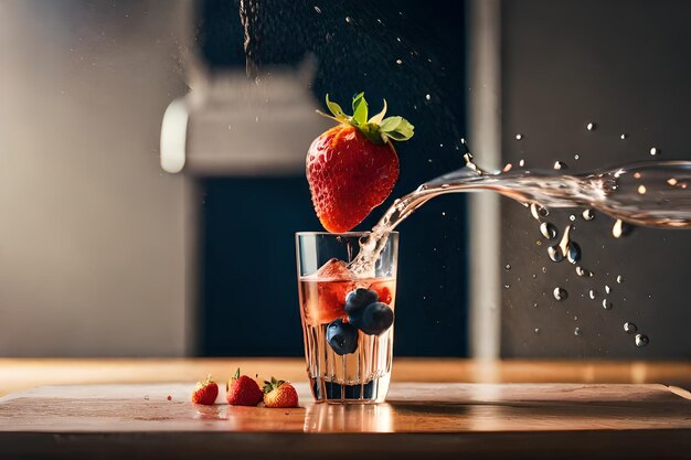 A strawberry being poured into a glass of water