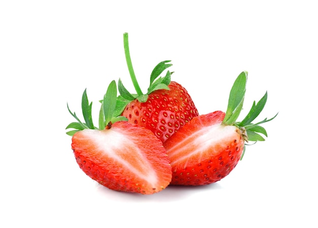 Strawberry berry fruit with cut in half slice isolated on white background