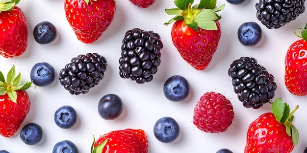 Strawberry blueberry blackberry raspberry on white background top view Berries pattern flat la