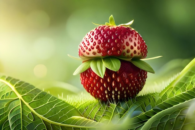 A strawberry on a branch with the sun behind it