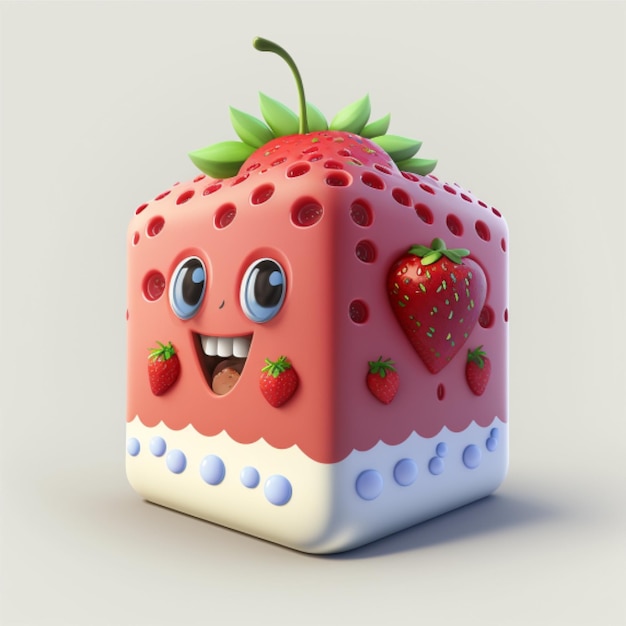 A strawberry cake with a face and a smiling face.