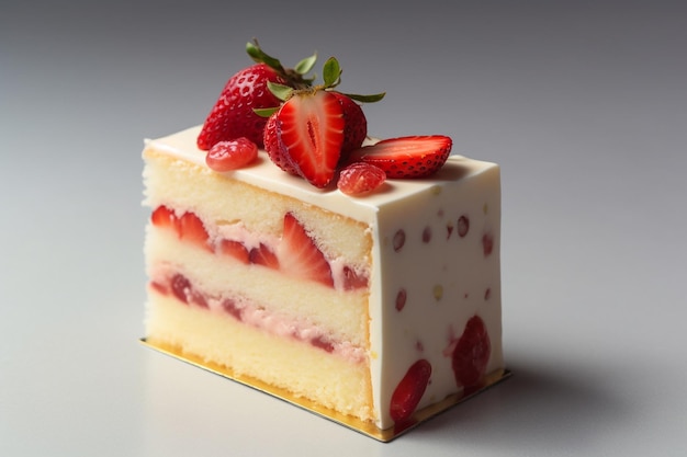 A strawberry cake with a slice cut out of it