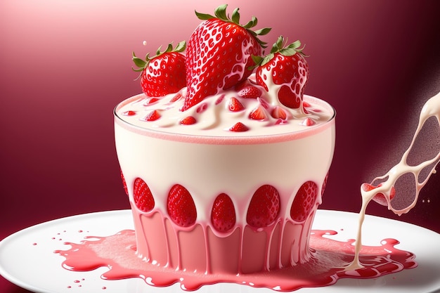 A strawberry cake with a strawberry topping is on a pink background.