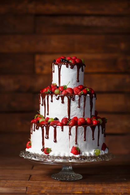 Strawberry cake on a wood