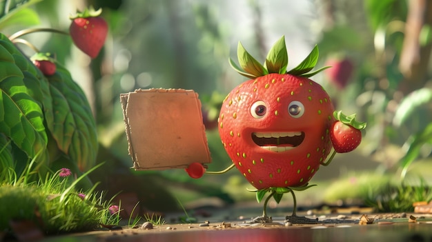 Strawberry character holding a sign generative ai