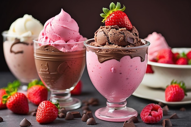 Strawberry Chocolate Dessert Table with Ice Cream Bowls Yogurts Pink color ice cream