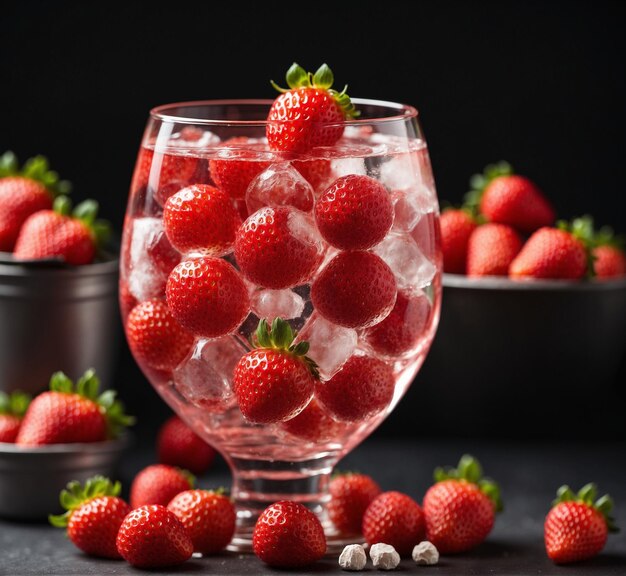 Strawberry cocktail in a glass with ice cubes on a black background