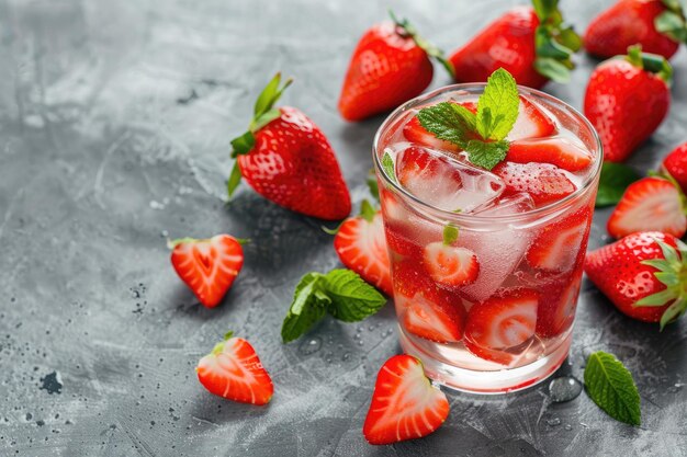 Strawberry cocktail with chunks of fruit Refreshing beverage on neutral background