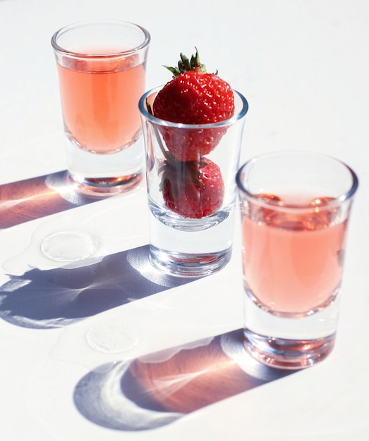 Strawberry compote tincture with ice in glass glasses with strawberries and ice cubes