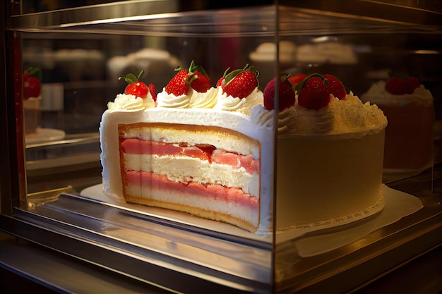 Strawberry cream cake at bakery pastries on display window