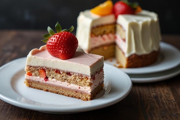 Strawberry cream cake and orange fudge cake on a white plate