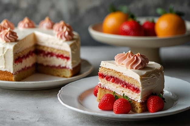 Strawberry cream cake and orange fudge cake on a white plate