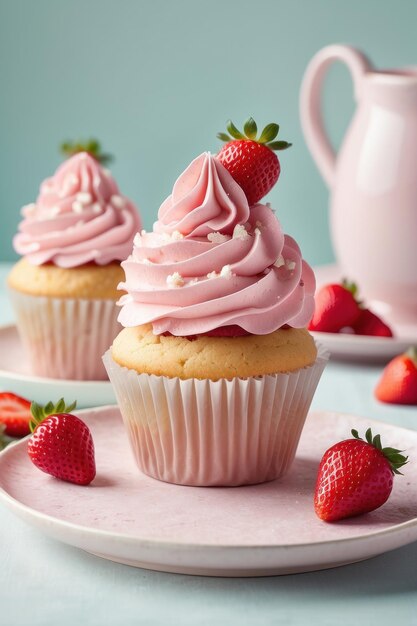 strawberry cupcake soft pale generative Ai