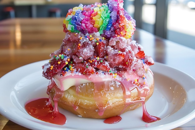 Strawberry donut with rainbow sugar topping