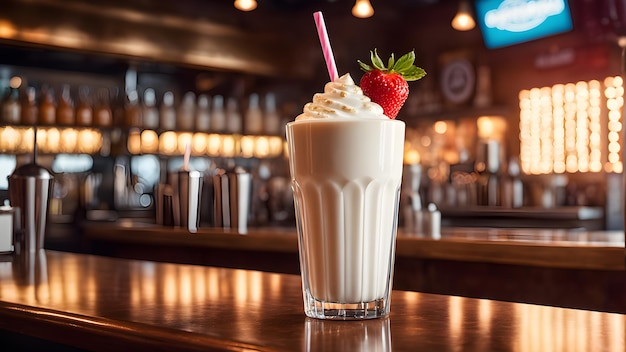 a strawberry drink with a straw in it sits on a bar