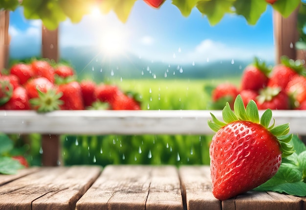 Strawberry fields background with fresh red strawberries