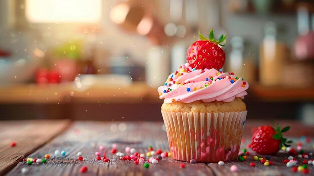 Strawberry flavored cupcake with strawberry whipped cream topping