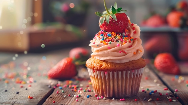 Strawberry flavored cupcake with strawberry whipped cream topping