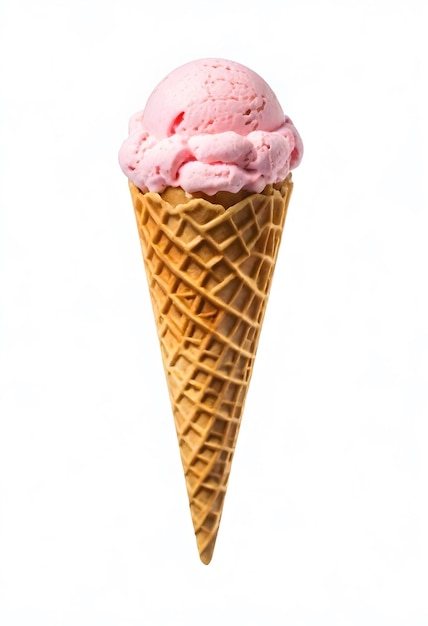 Photo strawberry flavour ice cream scoop in a waffle cone against a white background