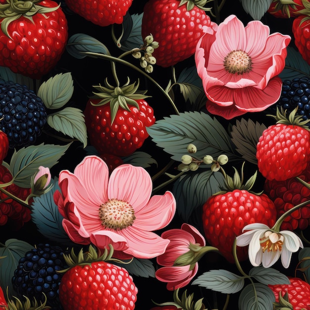 Strawberry and flowers seamless pattern in the style of photorealistic illustration