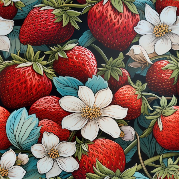 Strawberry and flowers seamless pattern in the style of photorealistic illustration