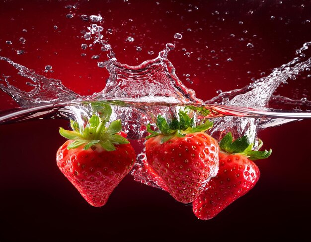 strawberry fruits splash on water