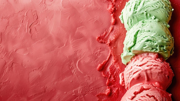 Photo strawberry and green ice cream scoops on red surface with melting texture