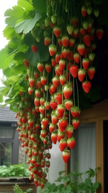 A strawberry hanging from a trellis