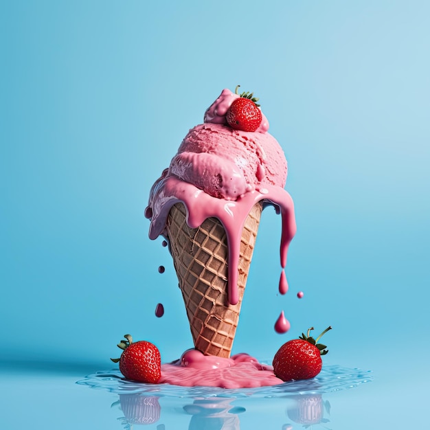 Strawberry ice cream cone blue background