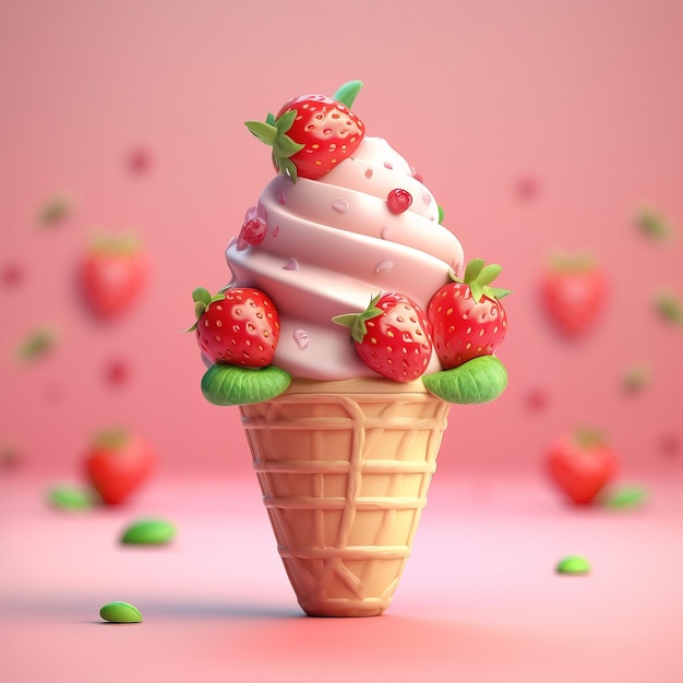 A strawberry ice cream cone with a pink background and green candies.