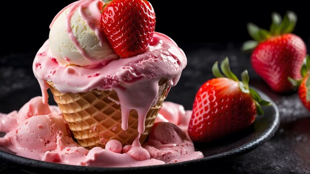 Photo a strawberry ice cream cone with strawberries on top of it