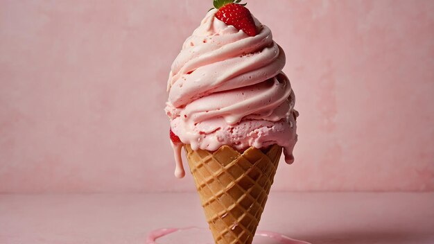 Photo a strawberry ice cream cone with a strawberry on it