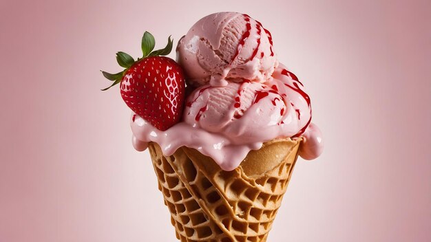 Photo a strawberry ice cream cone with a strawberry on top