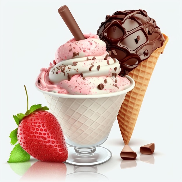 A strawberry ice cream cone with a strawberry on top