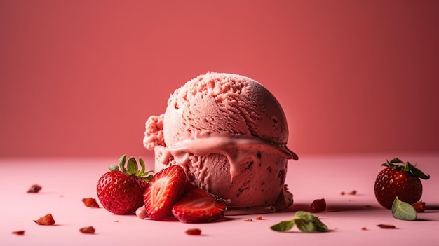 A strawberry ice cream scoop on a pink background