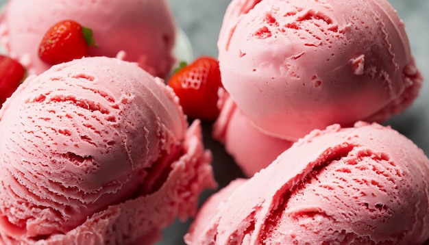 strawberry ice cream scoops close view