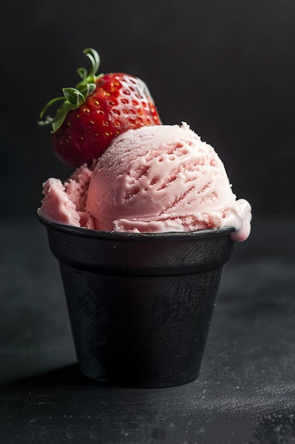 Strawberry ice cream scoops topped with a whole strawberry in a black blank bowl on dark background