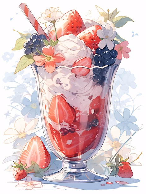 Strawberry ice cream sundae creative illustration summer gourmet ice cream ice cream illustration