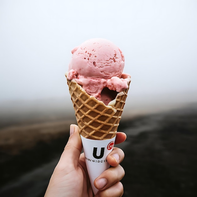 Strawberry Ice Cream in a Waffle Cone Against a Foggy Backdrop