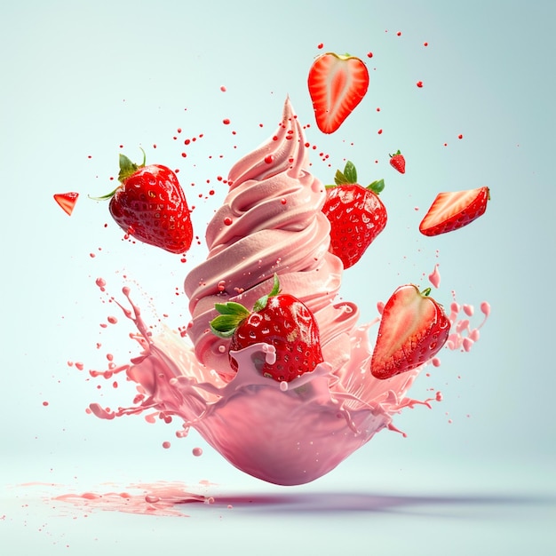 Strawberry ice cream with splash and strawberries