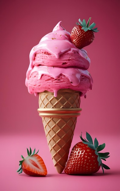 strawberry icecream cone and strawberry with pink background photo illustration 3d render