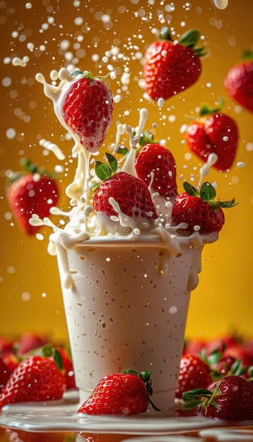 strawberry ingredients flying around There is milk in the cup yellow background