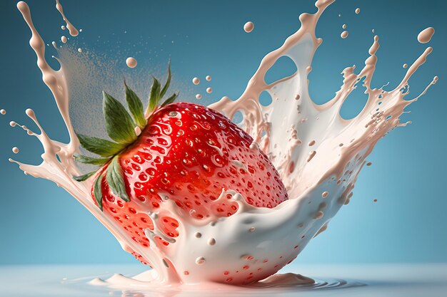 A strawberry is being dropped into a bowl of milk.