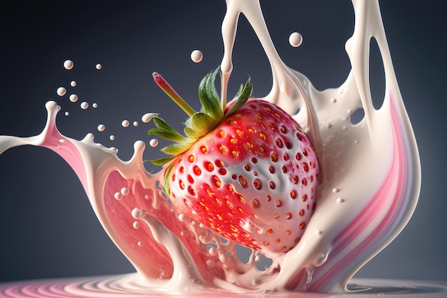 A strawberry is being dropped into a milk splash.