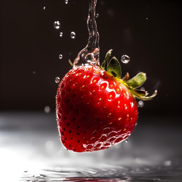 A strawberry is being dropped into a water drop.