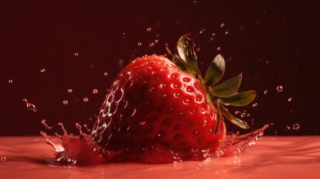 A strawberry is being dropped into a water drop.