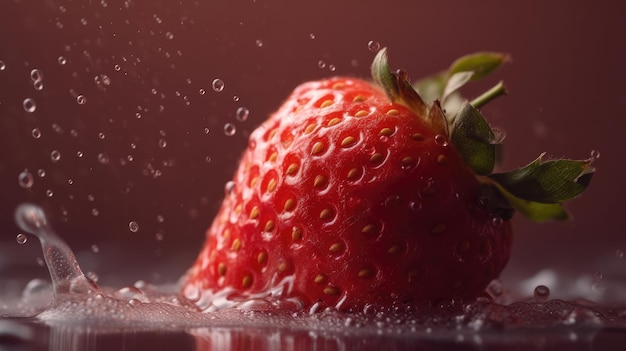 A strawberry is being dropped into a water drop.