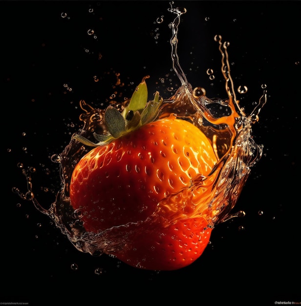 A strawberry is being dropped into a water splash.