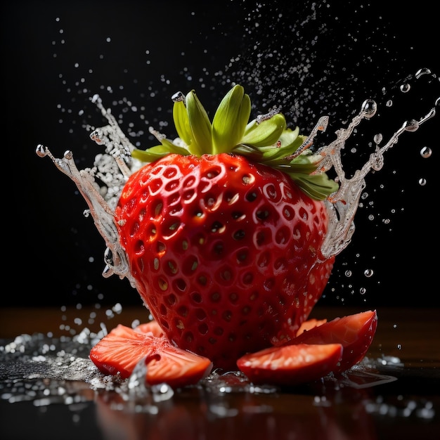 A strawberry is being dropped into a water splash.